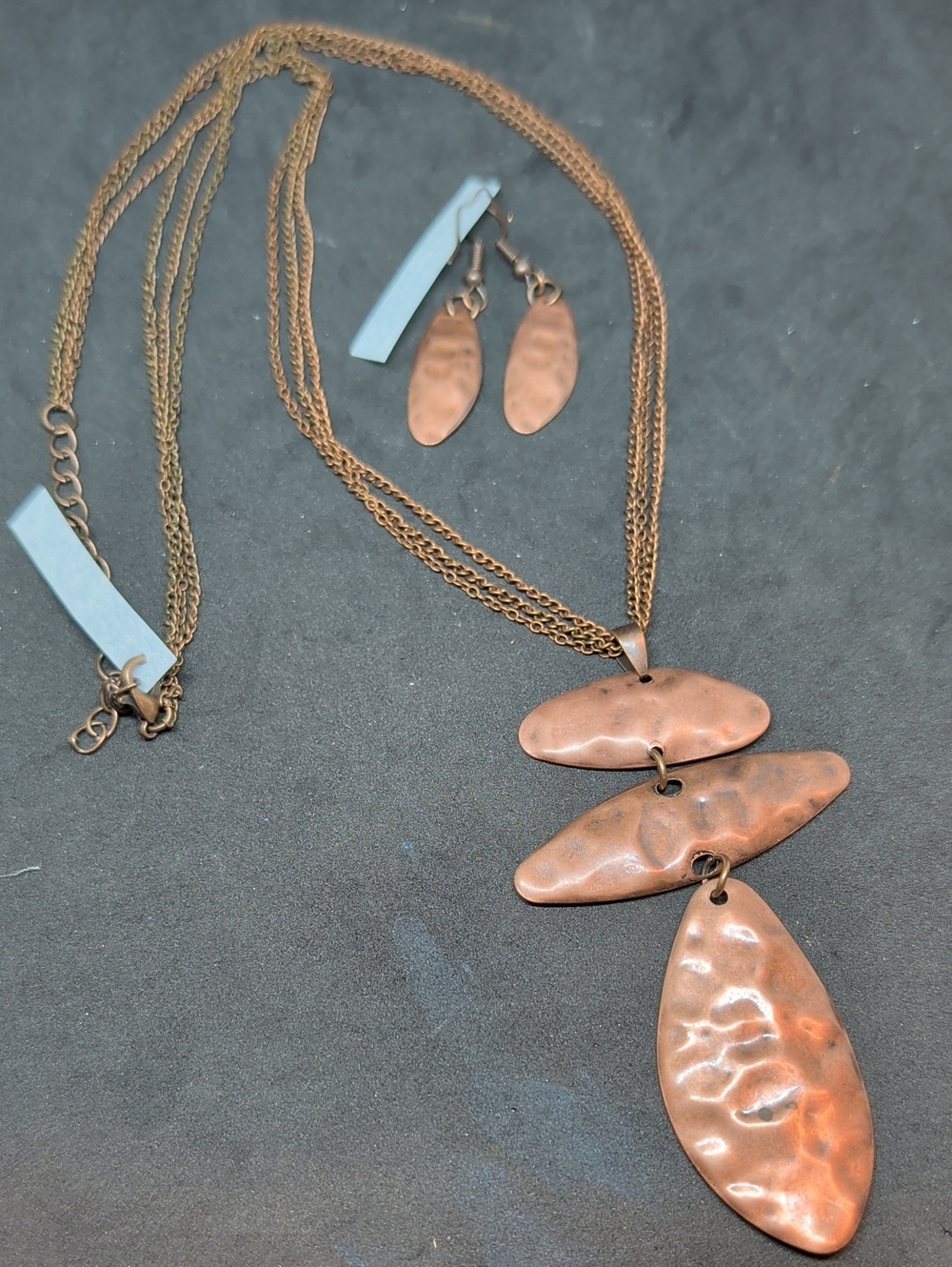 Hammered Copper Triple Pendant Necklace & Earring Set - Brutalist Primitive Boho